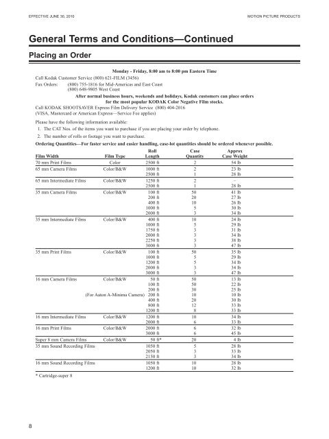 KODAK Motion Picture Products Price Catalog