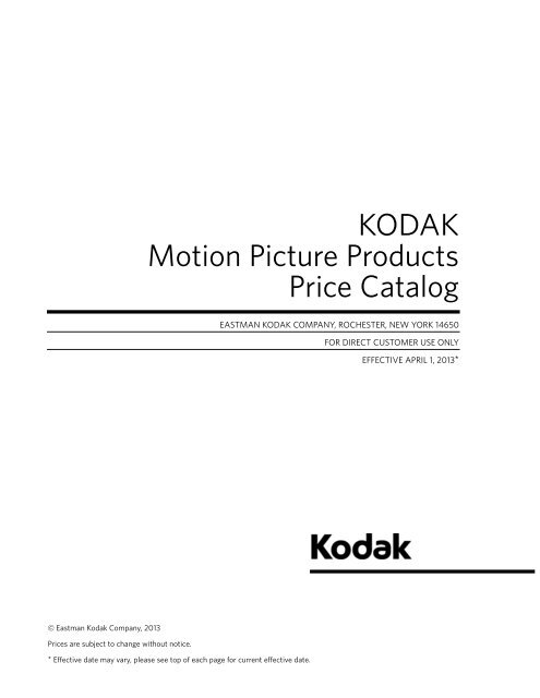 Kodak Motion Picture Products Price Catalog US Prices