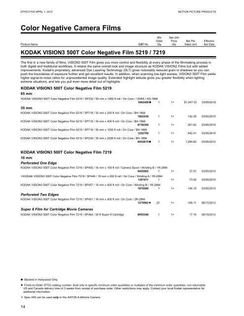 Kodak Motion Picture Products Price Catalog US Prices