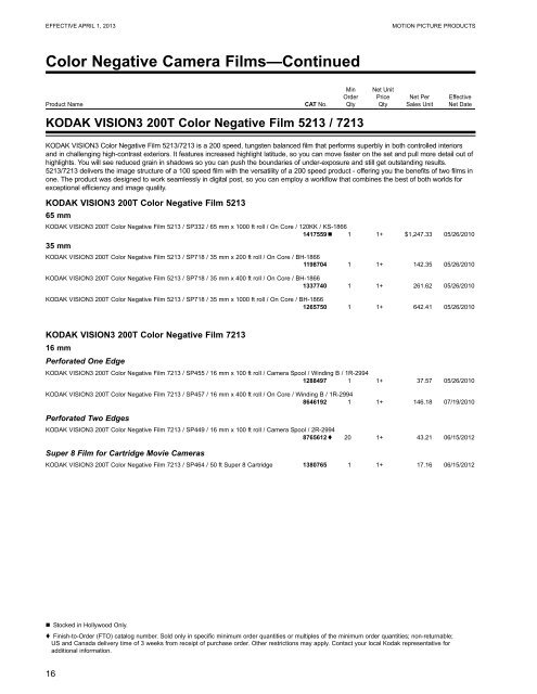 Kodak Motion Picture Products Price Catalog US Prices