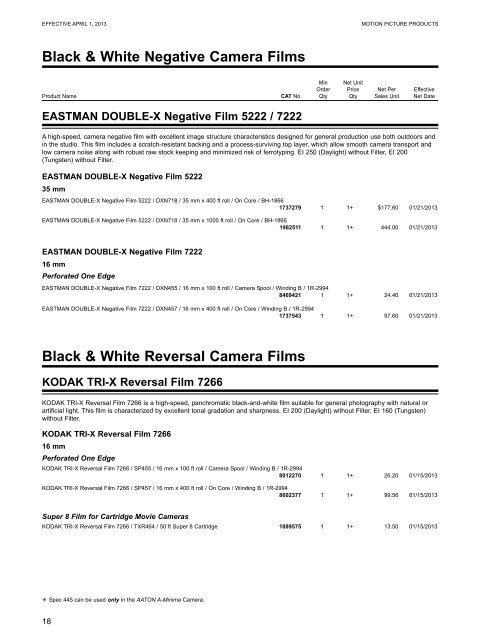 Kodak Motion Picture Products Price Catalog US Prices