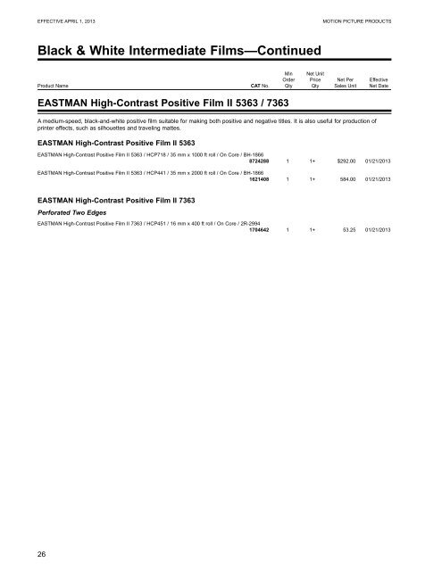 Kodak Motion Picture Products Price Catalog US Prices