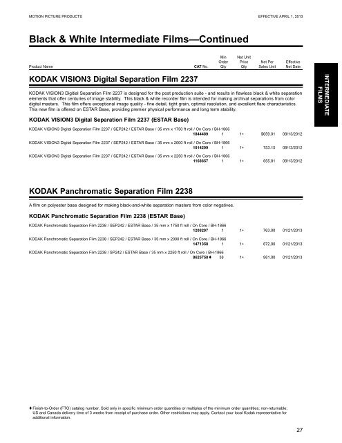 Kodak Motion Picture Products Price Catalog US Prices