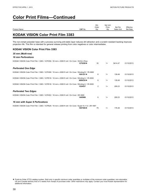 Kodak Motion Picture Products Price Catalog US Prices