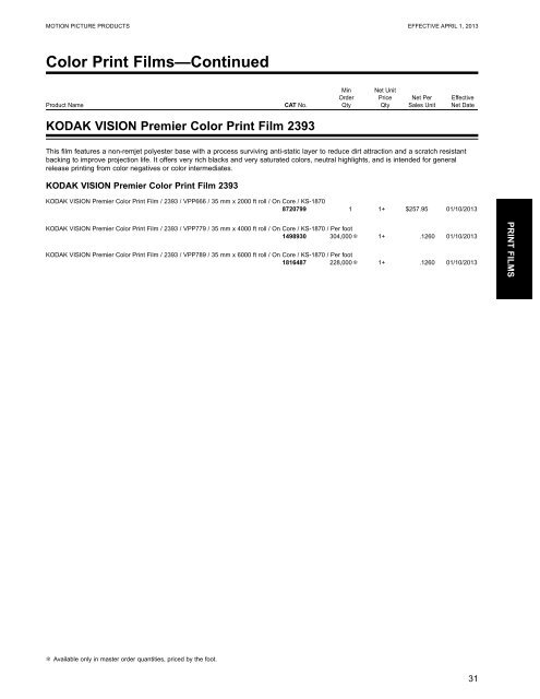 Kodak Motion Picture Products Price Catalog US Prices