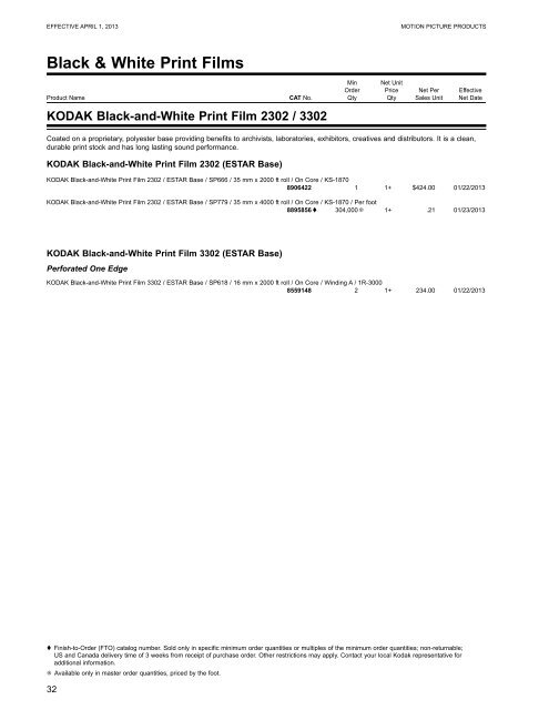 Kodak Motion Picture Products Price Catalog US Prices