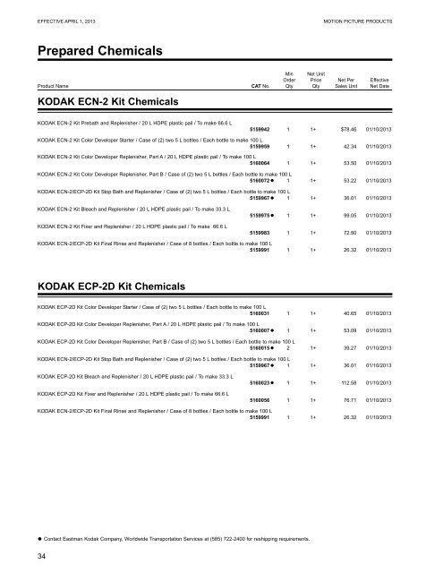 Kodak Motion Picture Products Price Catalog US Prices