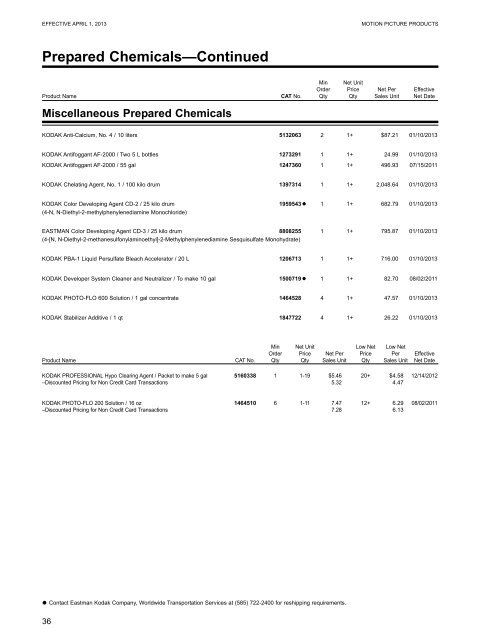 Kodak Motion Picture Products Price Catalog US Prices