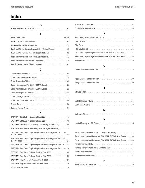 Kodak Motion Picture Products Price Catalog US Prices