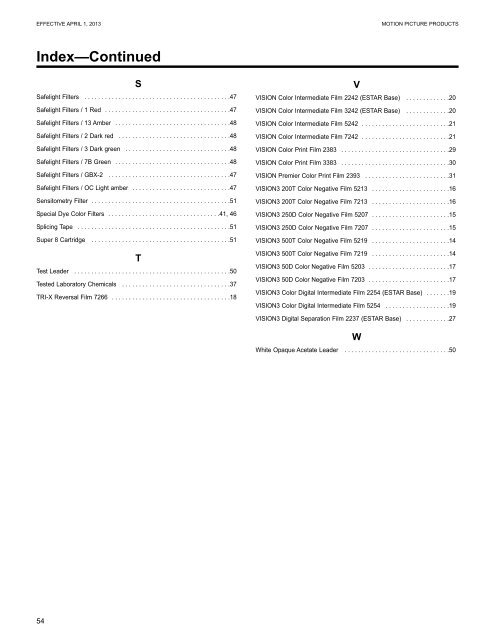 Kodak Motion Picture Products Price Catalog US Prices