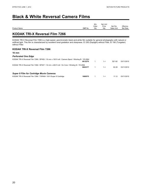 KODAK Motion Picture Products Price Catalog