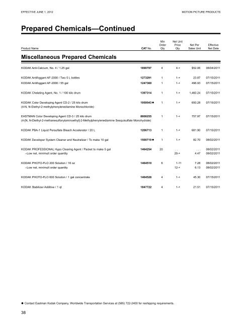 KODAK Motion Picture Products Price Catalog