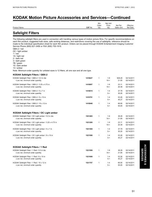 KODAK Motion Picture Products Price Catalog