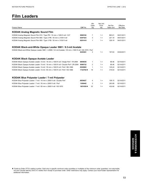 KODAK Motion Picture Products Price Catalog