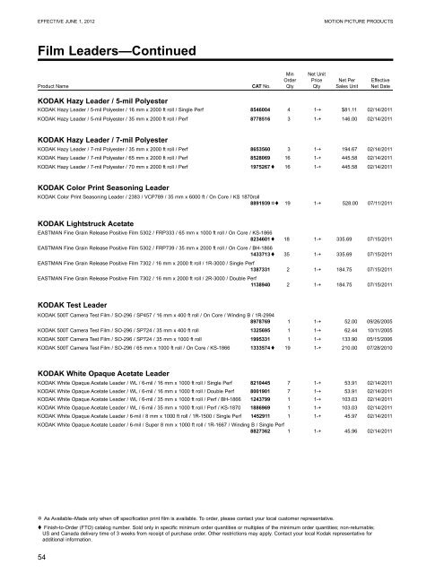 KODAK Motion Picture Products Price Catalog