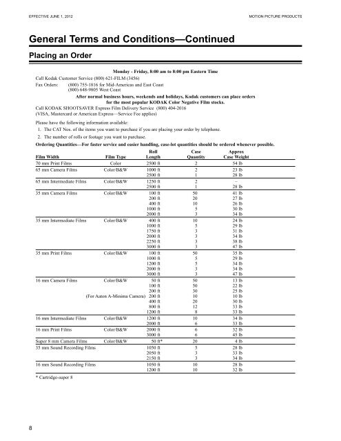 KODAK Motion Picture Products Price Catalog