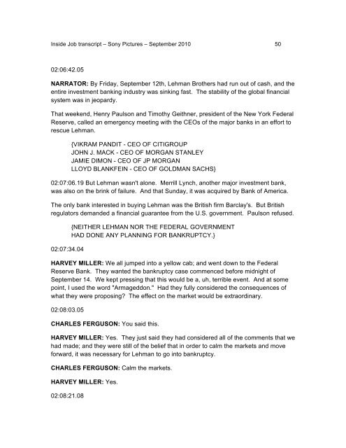 Inside Job Transcript - Final Version - 9.30.10 - Sony Pictures Classics