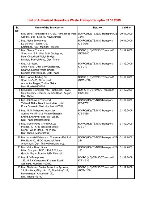 List of Authorized Hazardous Waste Transporter upto- 03.10.2009