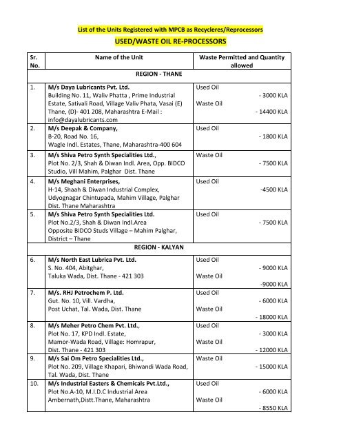 USED/WASTE OIL RE-PROCESSORS