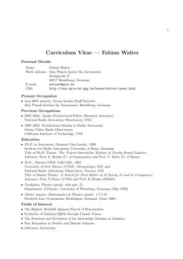 Curriculum Vitae — Fabian Walter - Max-Planck-Institut für Astronomie