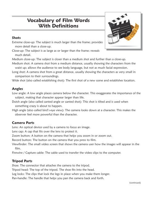 Vocabulary of Film Words With Definitions - ReadWriteThink