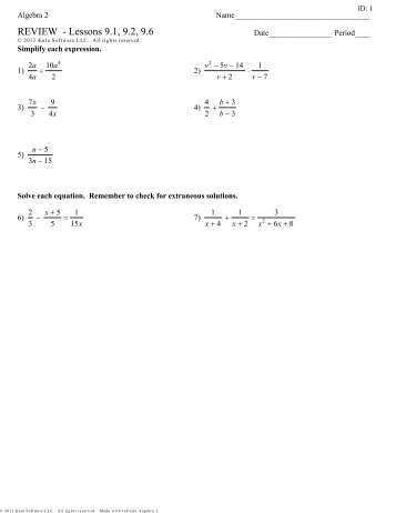 Algebra 2 - REVIEW for Quiz - Lessons 9.1, 9.2, 9.6(B)