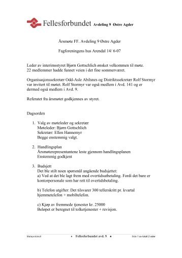 Årsmøte FF. Avdeling 9 Østre Agder Fagforeningens hus Arendal 14 ...