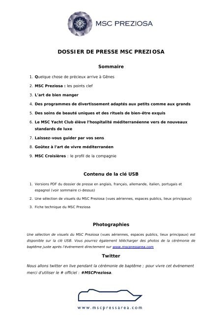 DOSSIER DE PRESSE MSC PREZIOSA