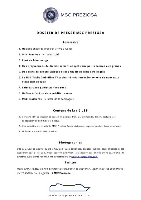 DOSSIER DE PRESSE MSC PREZIOSA