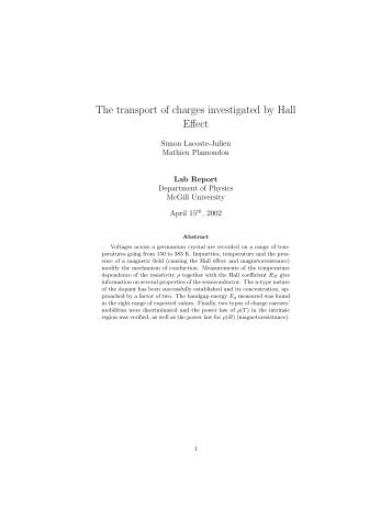 The transport of charges investigated by Hall Effect - MSDL - McGill ...