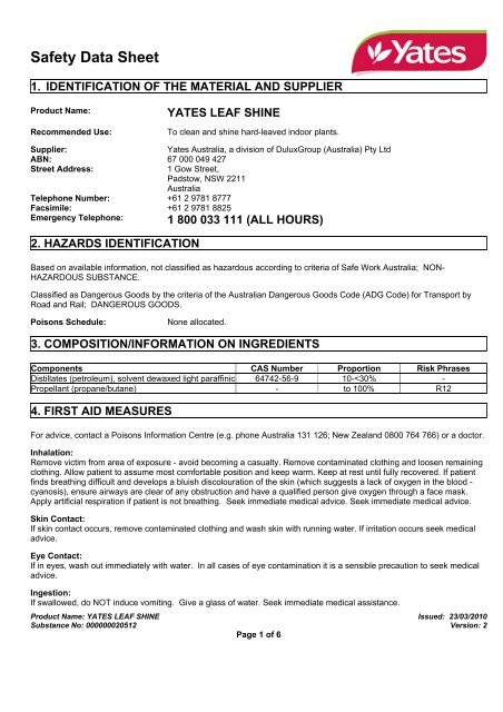 Yates Leaf Shine Msds