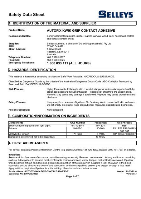 autofix kwik grip contact adhesive - MSDS