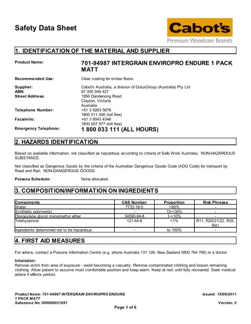 intergrain enviropro endure 1 pack matt - MSDS