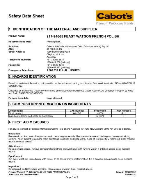 Feast Watson French Polish Msds
