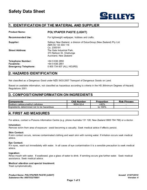 polypaper paste - MSDS