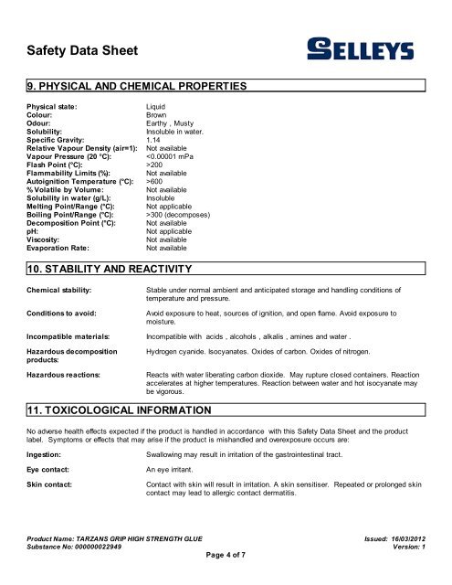 tarzans grip high strength glue - MSDS