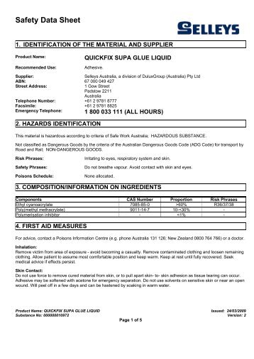 quickfix supa glue liquid - MSDS