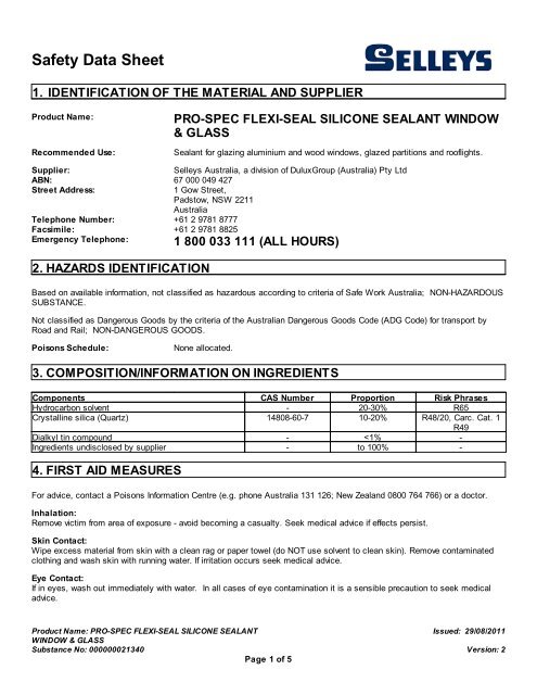 pro-spec flexi-seal silicone sealant window & glass - MSDS