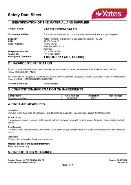 Yates Epsom Salts Msds