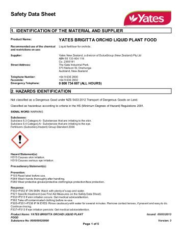 yates brigitta orchid liquid plant food - MSDS