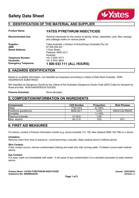 yates pyrethrum insecticide - MSDS