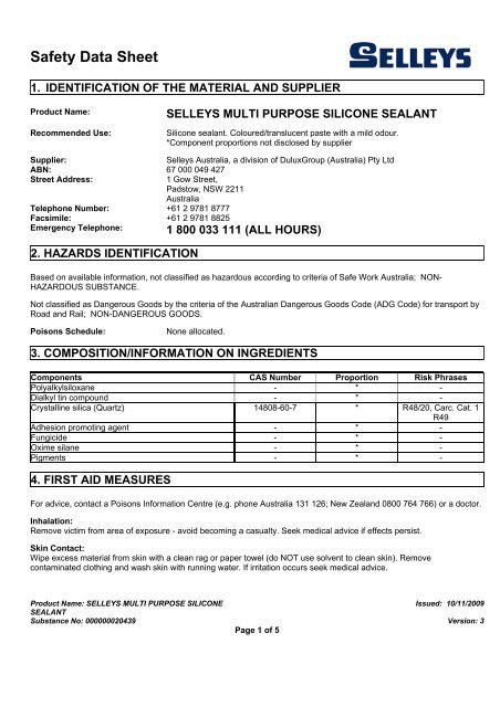 selleys multi purpose silicone sealant - MSDS