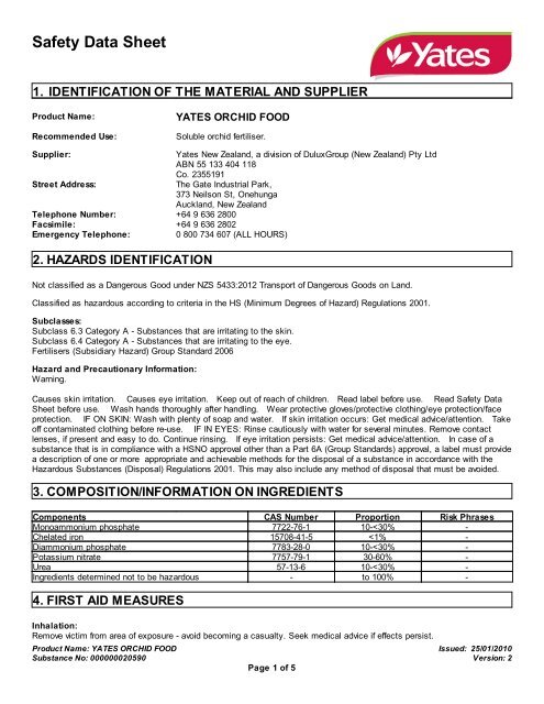 yates orchid food - MSDS