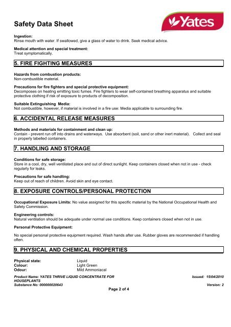 yates thrive liquid concentrate for houseplants - MSDS