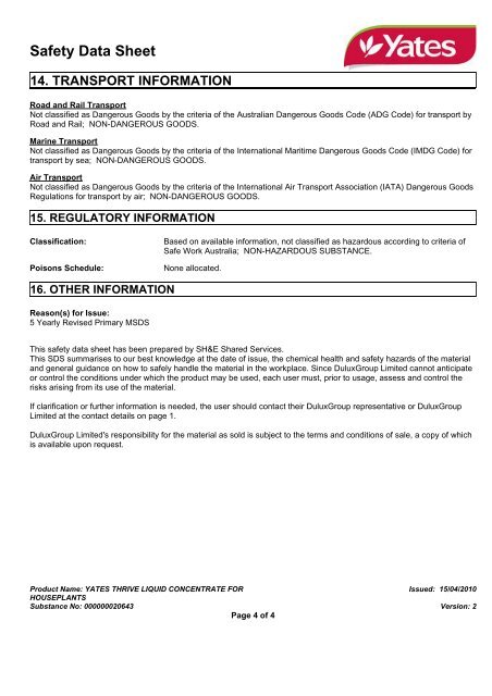 yates thrive liquid concentrate for houseplants - MSDS