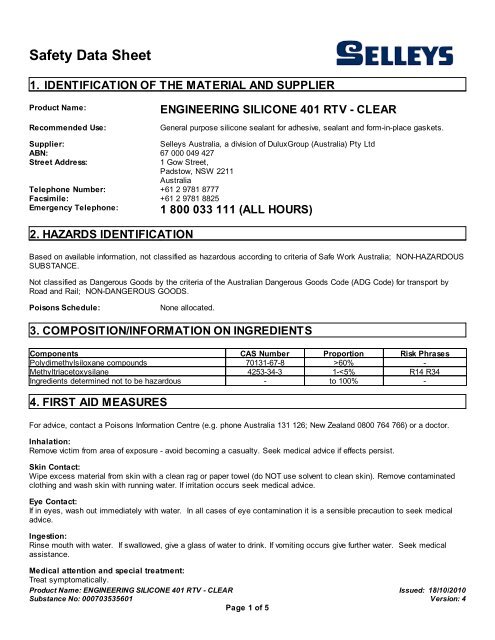 engineering silicone 401 rtv - clear - MSDS