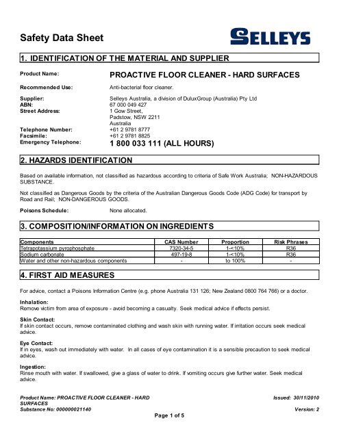 Proactive Floor Cleaner Hard Surfaces Msds