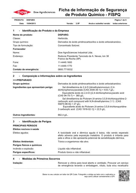 Ficha de Informações de Segurança de Produto Químico: em