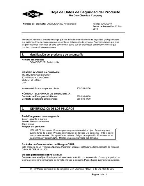 Hoja de Datos de Seguridad del Producto - The Dow Chemical ...