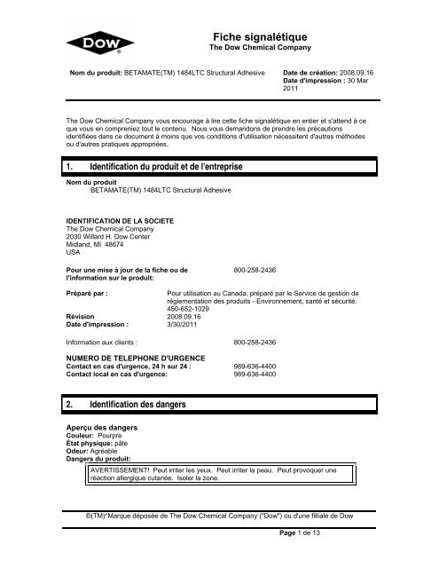 Fiche signalétique - The Dow Chemical Company